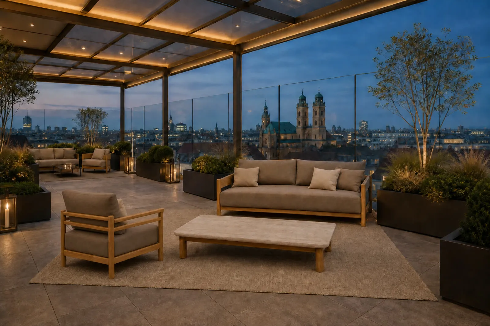 Střešní terasa za soumraku s teakovou odpočinkovou sestavou a panoramatem města