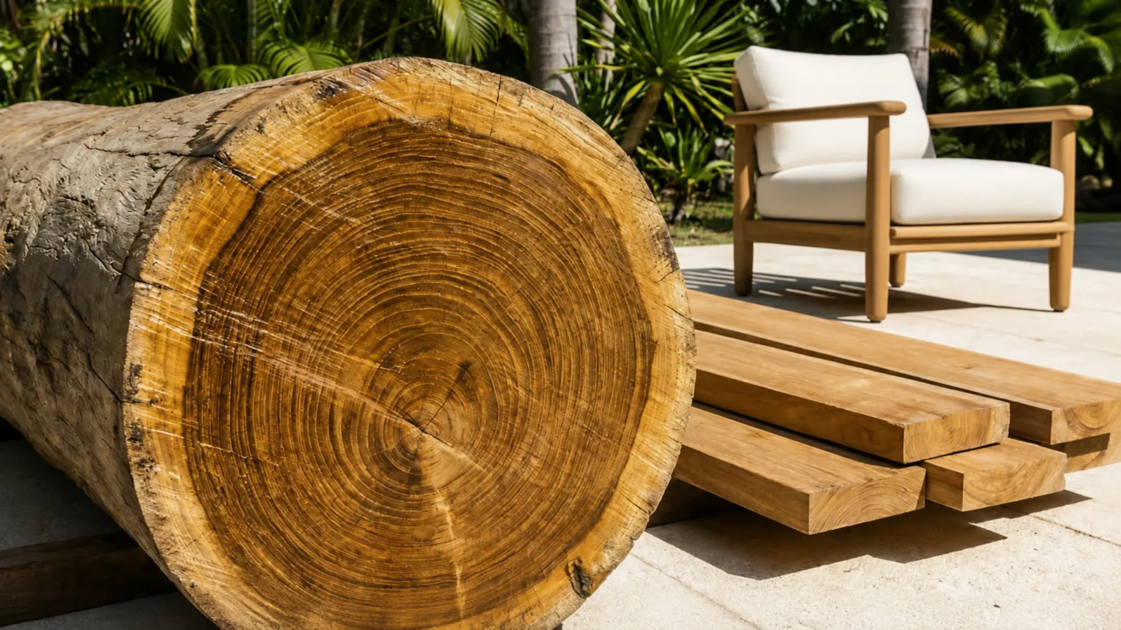 Cross-section of a teak log, stacked beams and a teak armchair with a light cushion against tropical greenery