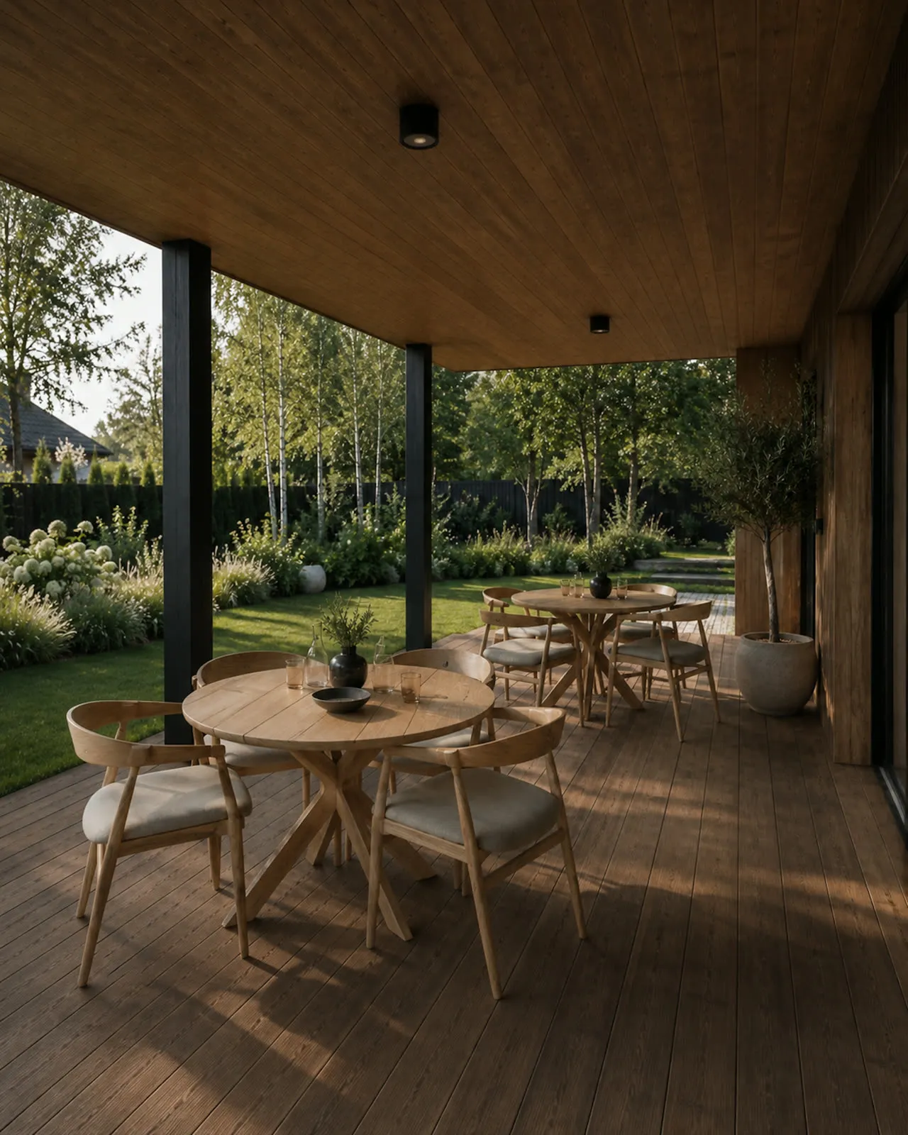 Covered terrace with a timber ceiling, a round table and light wooden chairs overlooking a garden