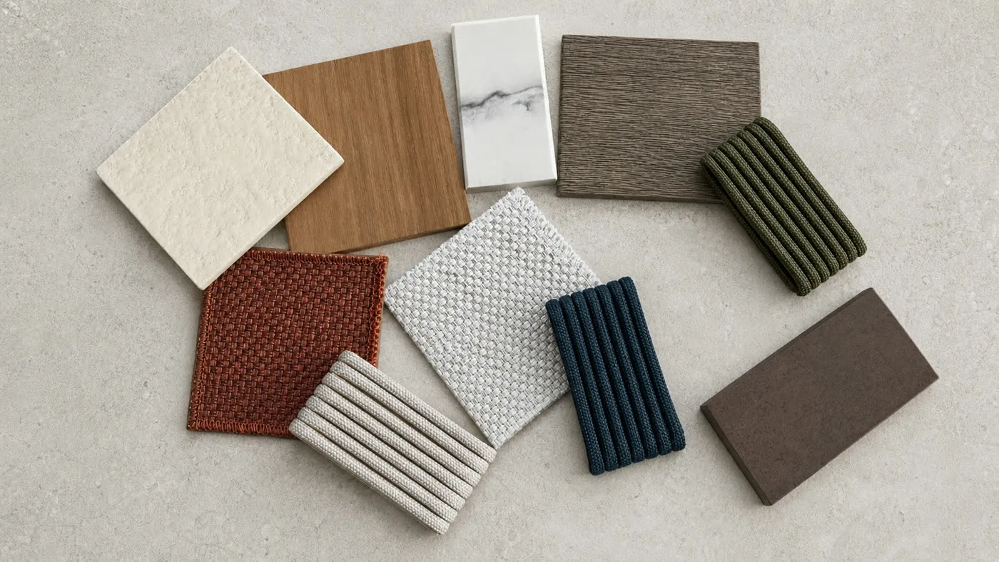 Vzorky materiálů – kámen, dřevo, látky a povrchové úpravy rozložené na světlé desce