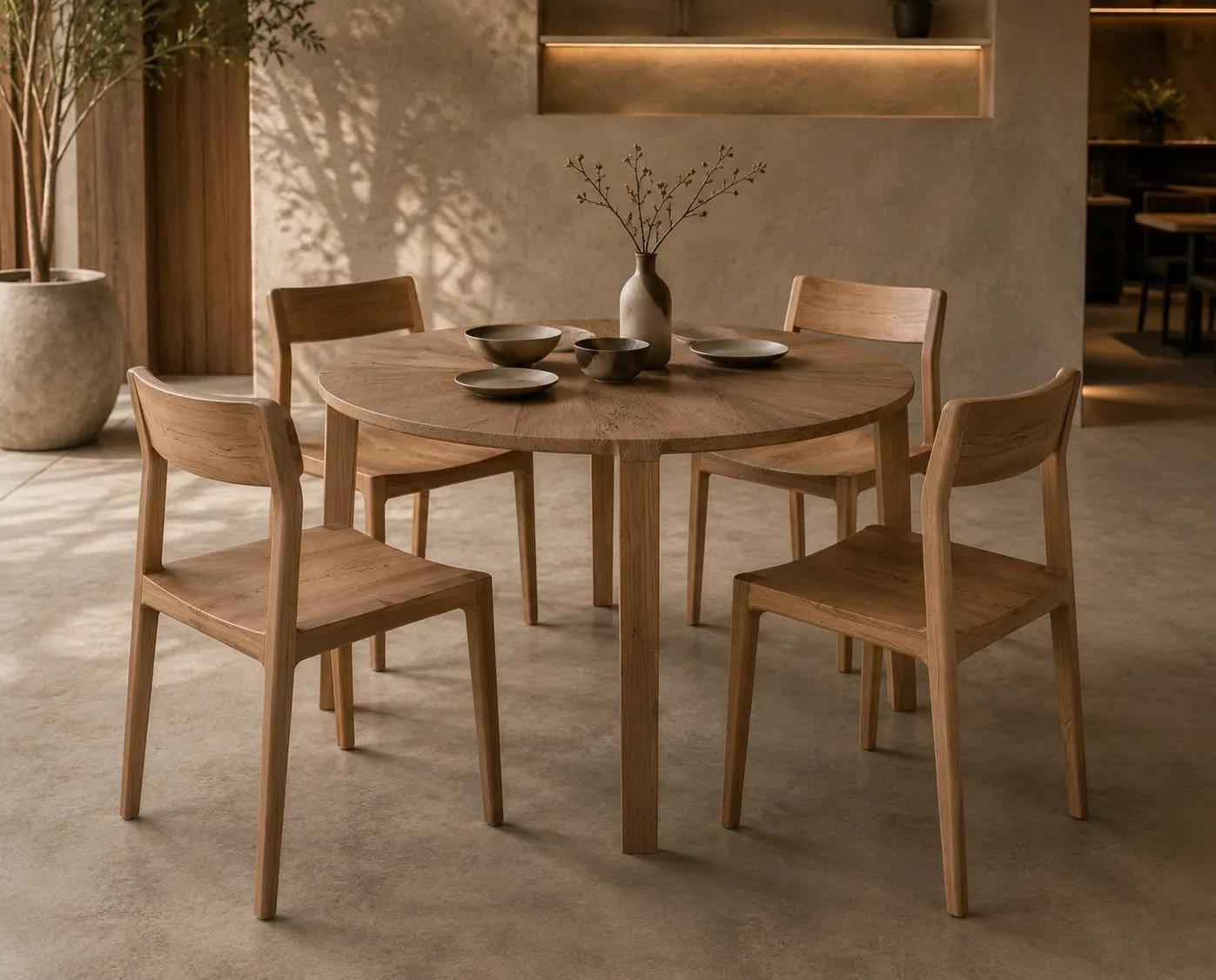 Kulatý dřevěný stůl se židlemi ve světlém interiéru restaurace