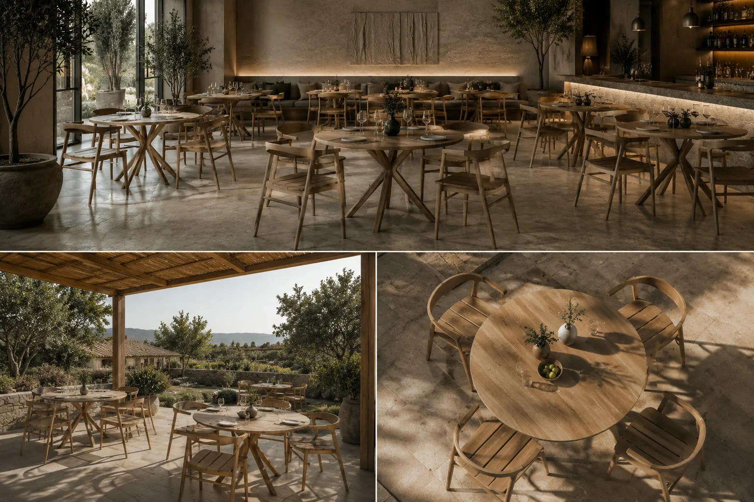 Kolaż: sala restauracyjna z drewnianymi stołami oraz dwa ujęcia tarasów z meblami z teku