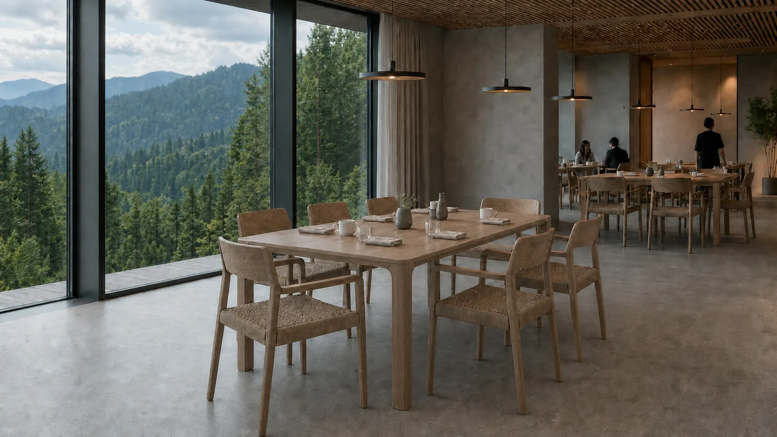 Sala restauracyjna z drewnianymi stołami i krzesłami oraz panoramicznym oknem z widokiem na las